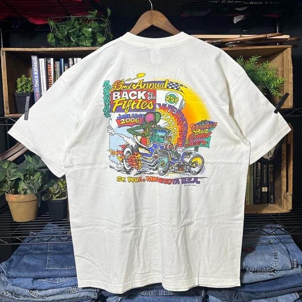 Vintage Y2K Back to the Fifties Car Show Tee Men XL White Colorful Cartoon Shirt